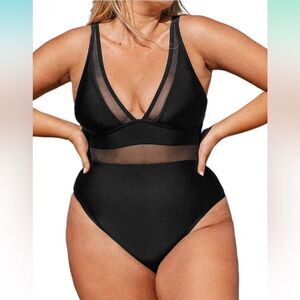 NEW Plus Size 1 Pc Swimsuit Mesh Tummy Control Adj Wide Straps L